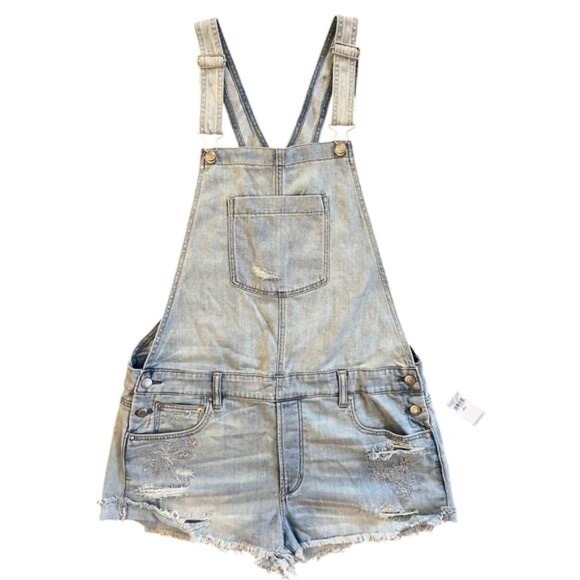 American Eagle Outfitters Pants - American Eagle Light Wash Floral Embroidered Short Overalls